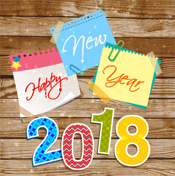 قالب السنة الجديدة 2018 مع أوراق ملاحظة ملونة