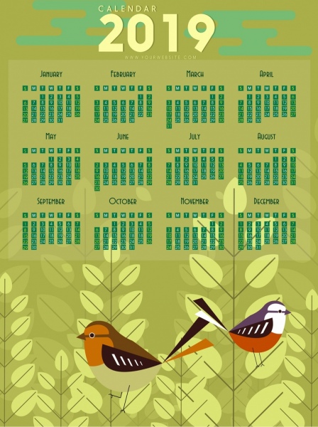 decori di 2019 calendario fondo uccelli alberi icone