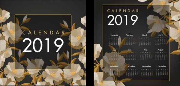 2019 calendario sfondo trasparente decori fiori icone