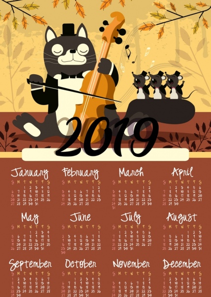 2019 カレンダー背景動物をテーマに猫マウスが様式化されました。