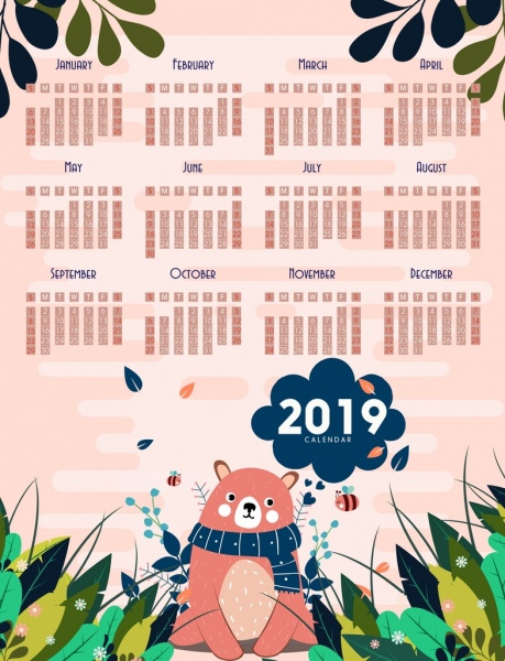 fundo do calendário 2019 fofo urso abelhas folhas decoração
