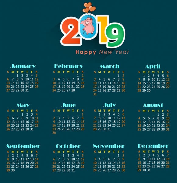 2019 kalender latar belakang gelap dekorasi babi ikon