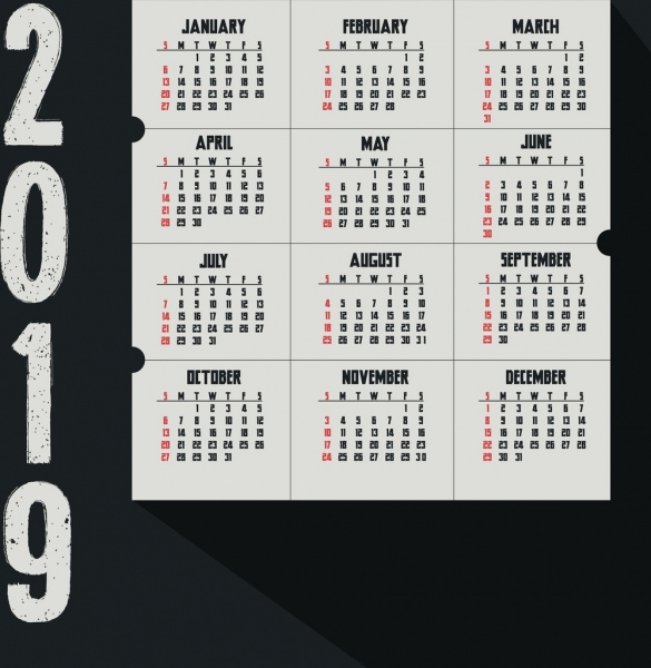 2019 calendrier design fond forme grunge rétro noir