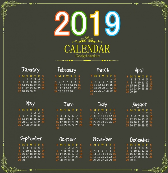 2019 kalendarz numer kolorowy elegancki wystrój czarne tło