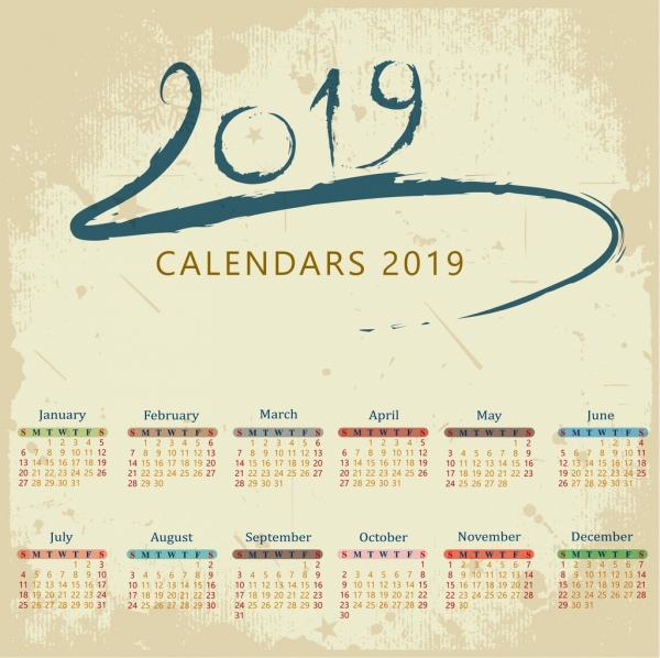 2019 calendário de fundo sujo design retrô