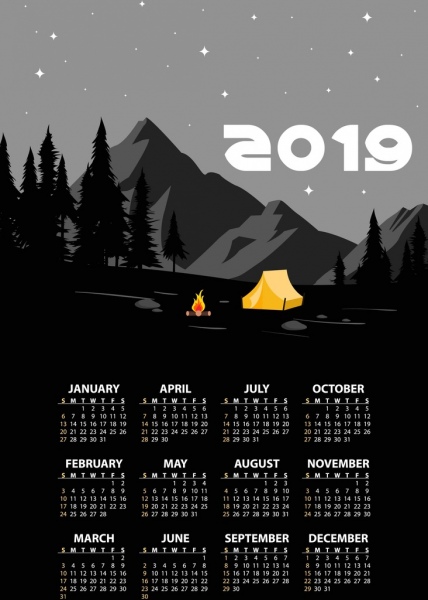 design di 2019 calendario sfondo montagna accampamento tema scuro