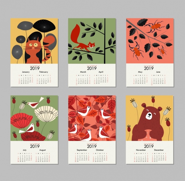 2019 kalender latar belakang set alam tema warna-warni dekorasi