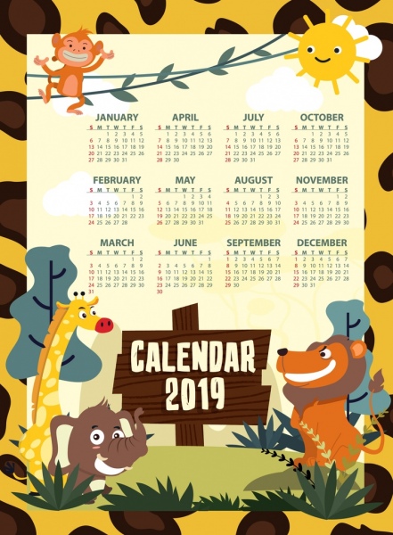 2019 calendrier template thème animaux décoration