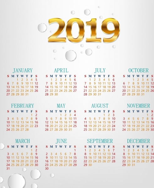 2019 calendario plantilla brillante oro número moderno