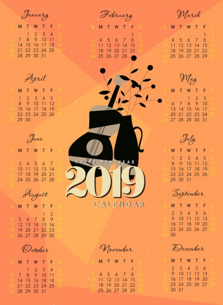 2019 カレンダー テンプレート クラシック ギター花ポット装飾