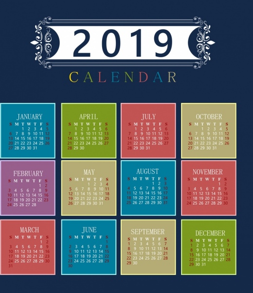 2019 カレンダー テンプレート カラフルな古典的な内装