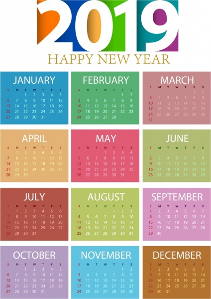 2019 kalender template warna-warni dekorasi modern
