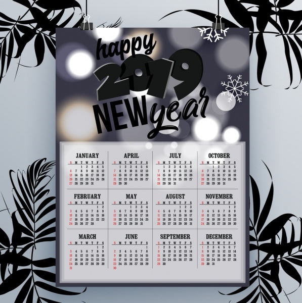 2019 kalender template gelap bokeh kepingan salju dekorasi
