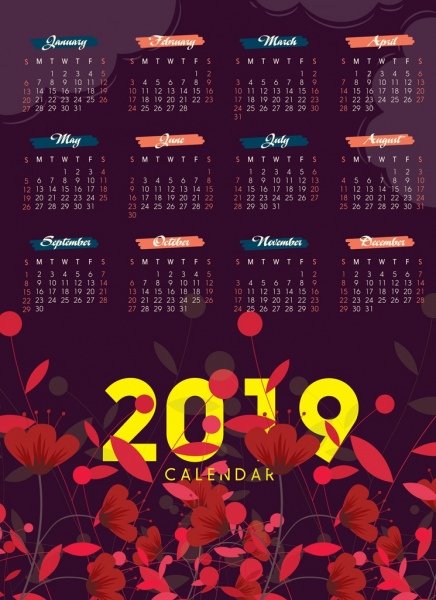 2019 Kalender Vorlage dunkle Design rote Blumen ornament