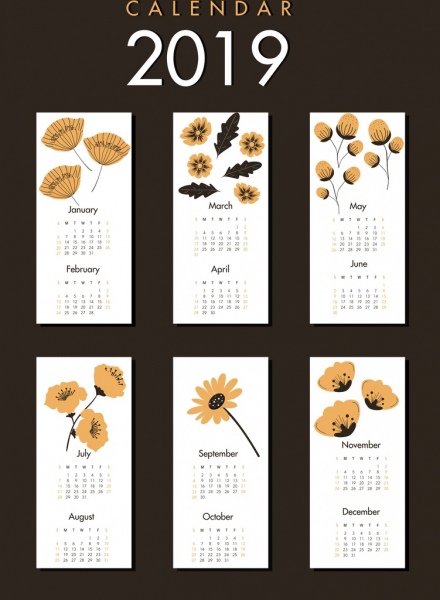 2019 kalendarz szablon kwiaty motyw klasyczny prostokątny izolacji