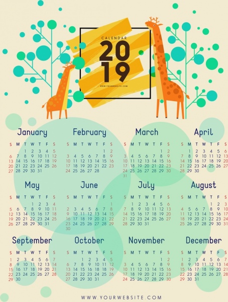 شجرة زرافة قالب التقويم 2019 ديكور الدوائر الرموز