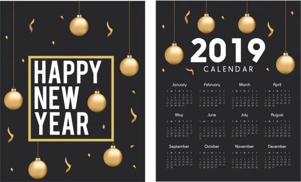 2019 kalender template pernak-pernik emas elegan hitam