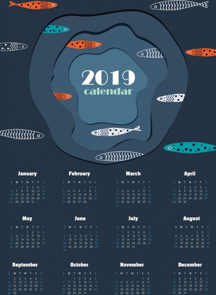 Icone del pesce piatto di 2019 calendario modello tema marino