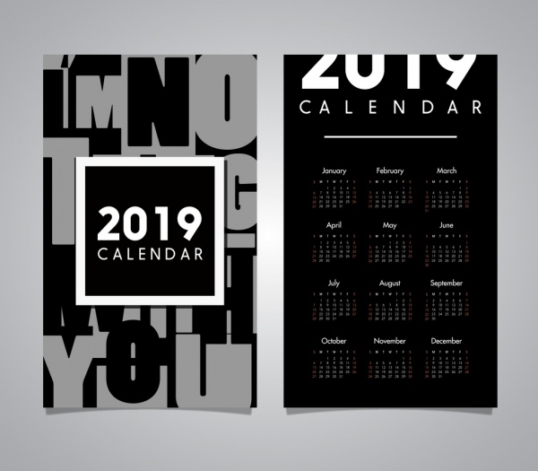 2019 kalender template hitam putih desain modern