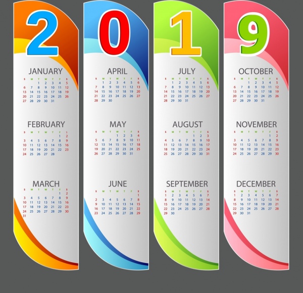 2019 カレンダー テンプレート色とりどり現代垂直バー