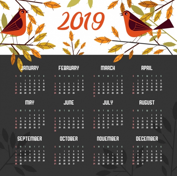 2019 Calendar Template Nature Theme Birds Leaves Icons