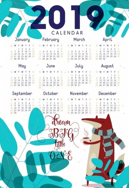 2019 kalendarz szablon charakter tematu fox drzewo ikony