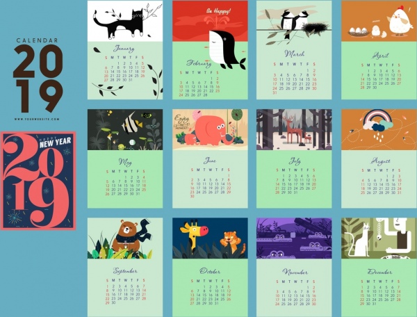 2019 Calendar Template Nature Theme Rectangular Isolation