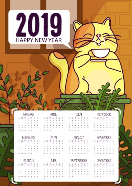 2019 kalender template santai kucing ikon kartun desain