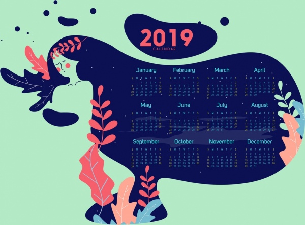 2019 kalender template wanita daun ikon sketsa