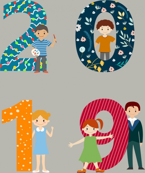 ano de 2019 novo fundo crianças ícones números decoração
