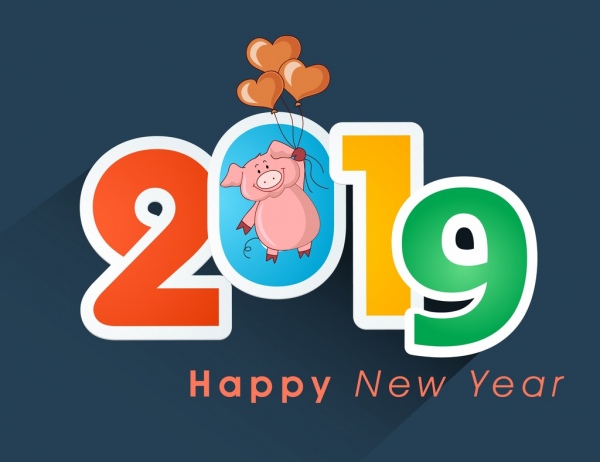 2019 año nuevo banner número cerdo iconos de colores