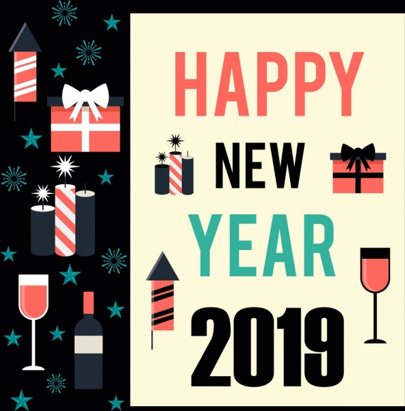 2019 Neujahrs Poster Geschenk Weinglas Kerze Symbole