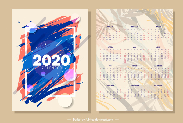 2020 calendario plantilla abstracta borrosa deja ornamento