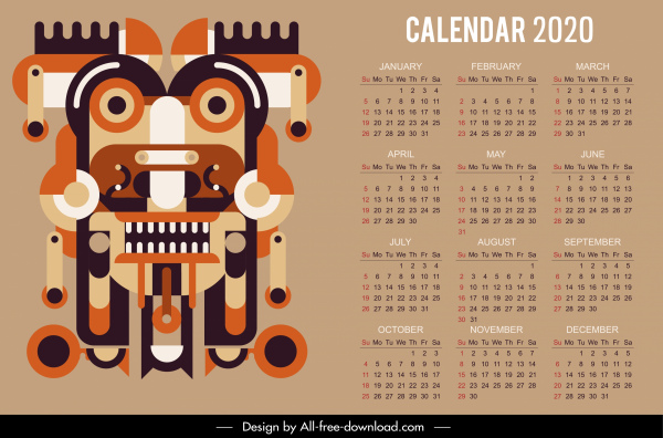 2020 calendario plantilla abstracta decoración étnica simétrica
