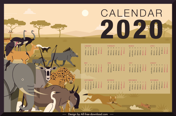 2020 قالب التقويم الافريقي الحيوانية موضوع الكلاسيكية الملونة