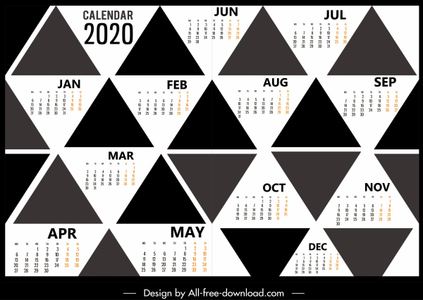 2020 カレンダー テンプレート黒白い幾何学的三角形装飾