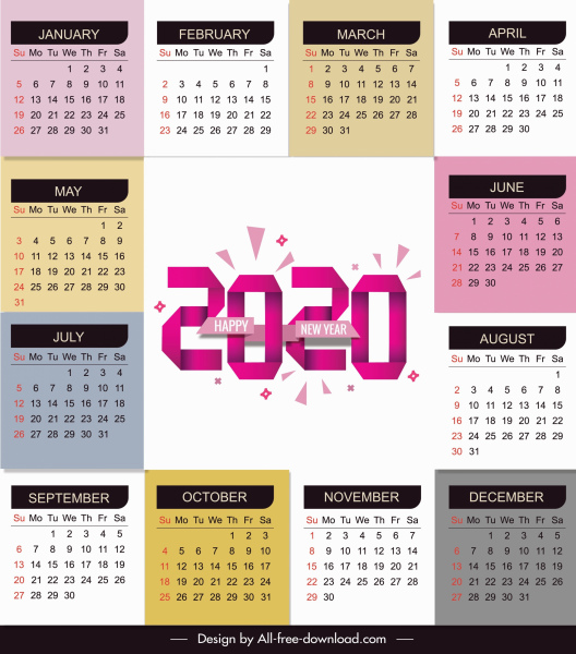 2020 mẫu lịch sáng sủa hiện đại đầy màu sắc trang trí đồng bằng