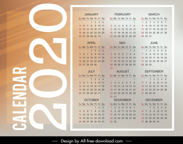 2020日曆範本明亮的現代平原垂直佈局