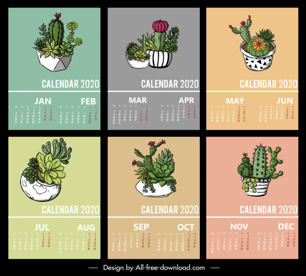 2020 Kalender Vorlage Kaktus Töpfe Dekor klassisches Design