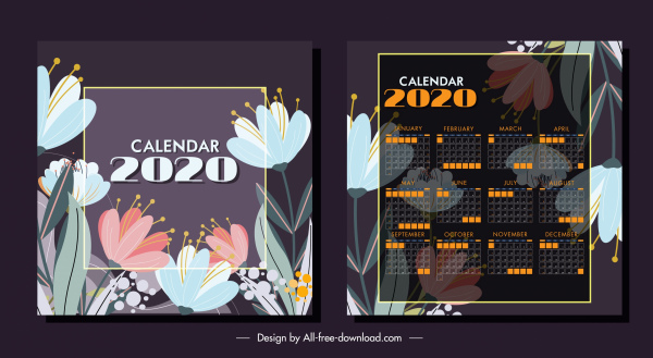 2020 قالب التقويم الكلاسيكية تصميم ديكور الأزهار غير واضحة
