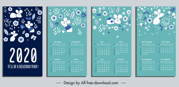 2020 calendário modelo clássico ratos floral decoração