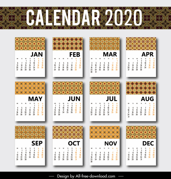 2020 calendario plantilla clásica repitiendo patrones decoración