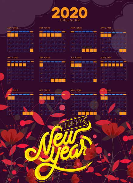 2020 kalender template warna-warni bunga dekorasi gelap