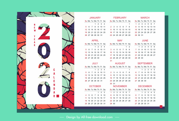 2020 mẫu lịch đầy màu sắc lá trang trí thiết kế theo chiều dọc