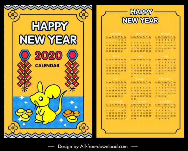 2020日历模板五颜六色的东方装饰老鼠图标