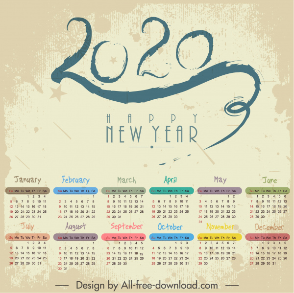 2020 calendar modelo colorido número curso decoração estilo retro