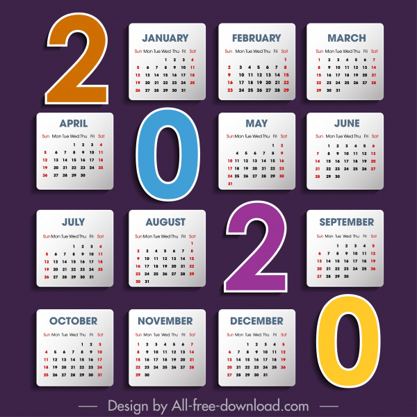 2020 kalender template warna-warni bilangan datar tata letak