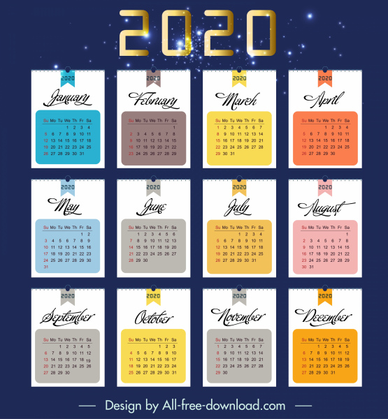 2020 kalender template datar dekorasi warna-warni berkilauan