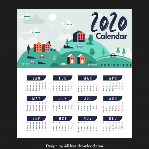 2020 カレンダー テンプレート田舎風景テーマ クラシックなデザイン