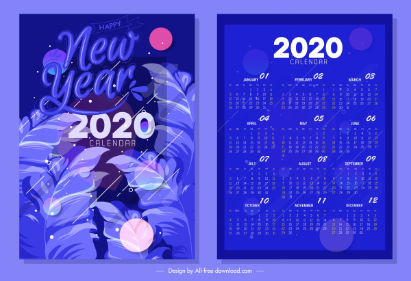 2020 التقويم قالب تصميم أزرق داكن يترك زخرفة.